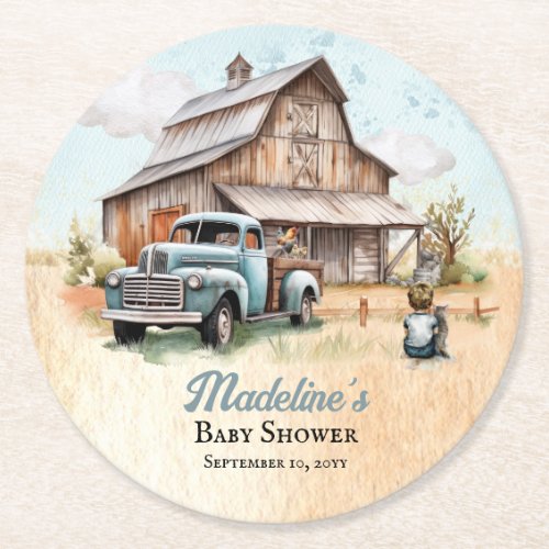 A Cute Little Farmer Baby Shower Round Paper Coaster