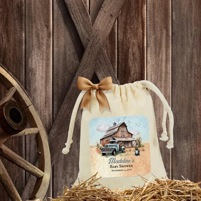 A Cute Little Farmer Baby Shower Square Sticker ("A Cute Little Farm Boy Is On His Way!" Rustic Barn and Vintage Truck Boy Baby Shower Sticker)