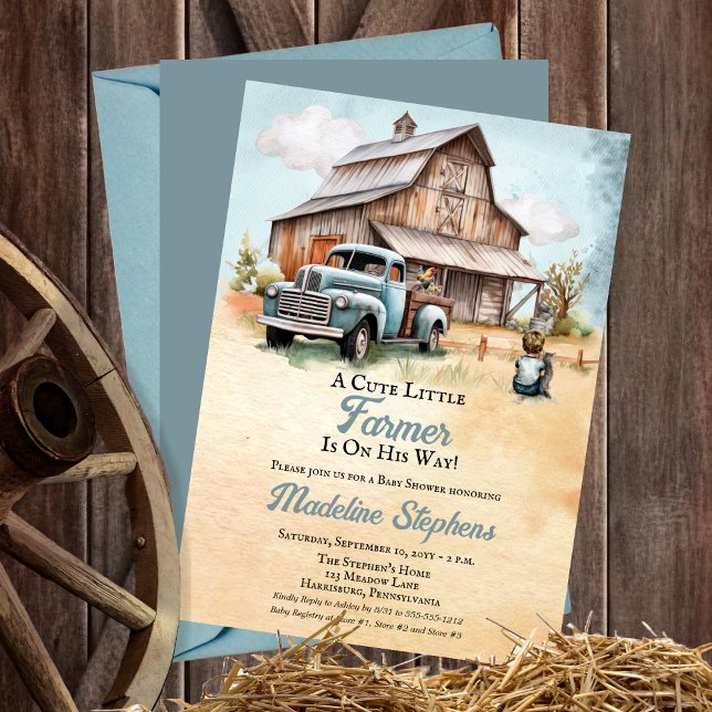 A Cute Little Farmer Barn | Truck Boy Baby Shower Invitation ("A Cute Little Farmer Is On His Way!" Boy Rustic Barn | Vintage Truck Baby Shower Invitation)