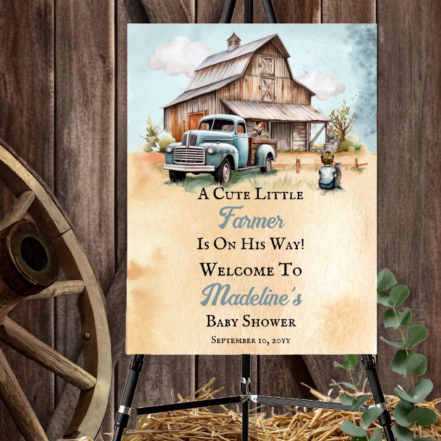 A Cute Little Farmer Is On His Way Baby Shower Foam Board ("A Cute Little Farmer Is On His Way!" "Welcome" Boy Baby Shower Sign - Vintage Truck | Rustic Barn)