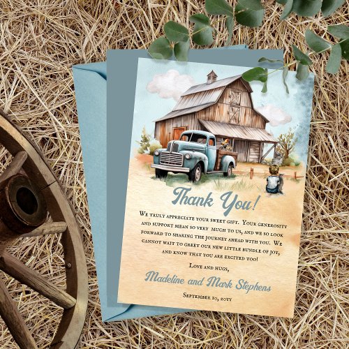 A Cute Little Farmer Is On His Way Baby Shower Thank You Card