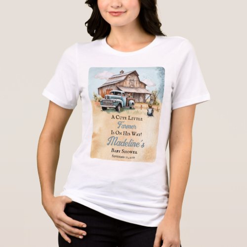 A Cute Little Farmer Is On His Way Baby Shower Tri_Blend Shirt