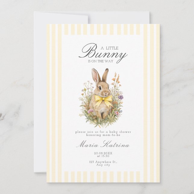 A cute little Floral Bunny Yellow Bow Baby Shower  Invitation (Front)