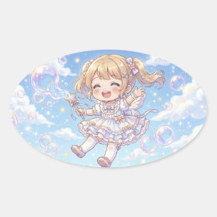 A cute little girl enjoying soap bubbles oval sticker
