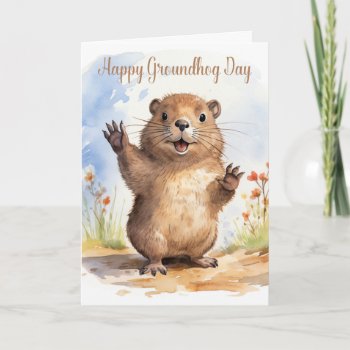 A Cute Little Groundhog Waving With A Shadow  Holiday Card by moonlake at Zazzle