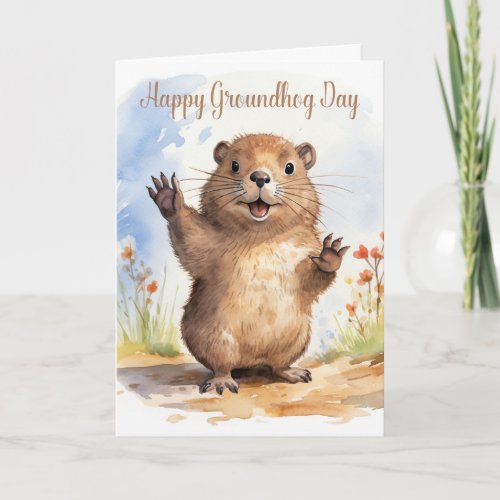 A Cute Little Groundhog Waving with a Shadow  Holiday Card