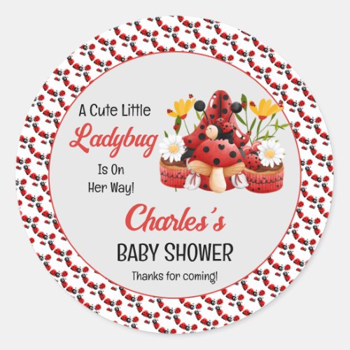 A Cute Little Ladybug Is On Her Way Baby Shower Classic Round Sticker