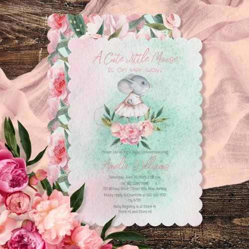 A Cute Little Mouse Is On Her Way Girl Baby Shower Invitation