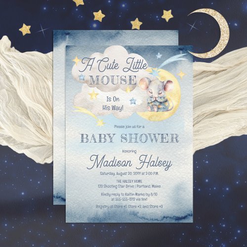 A Cute Little Mouse Is On His Way Boy Baby Shower Invitation