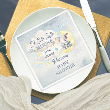 A Cute Little Mouse Is On His Way Boy Baby Shower Napkins by holidayhearts at Zazzle