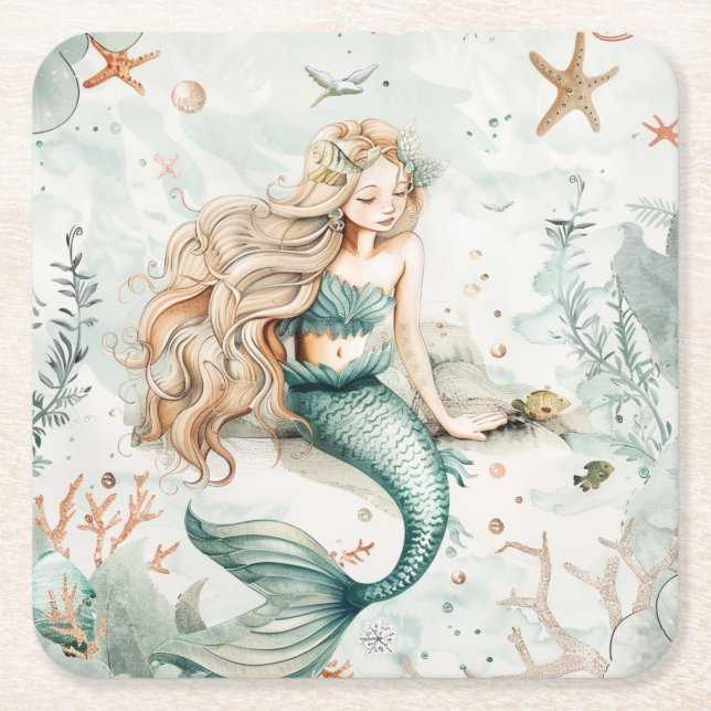 A Cute Mermaid Square Paper Coaster (Front)