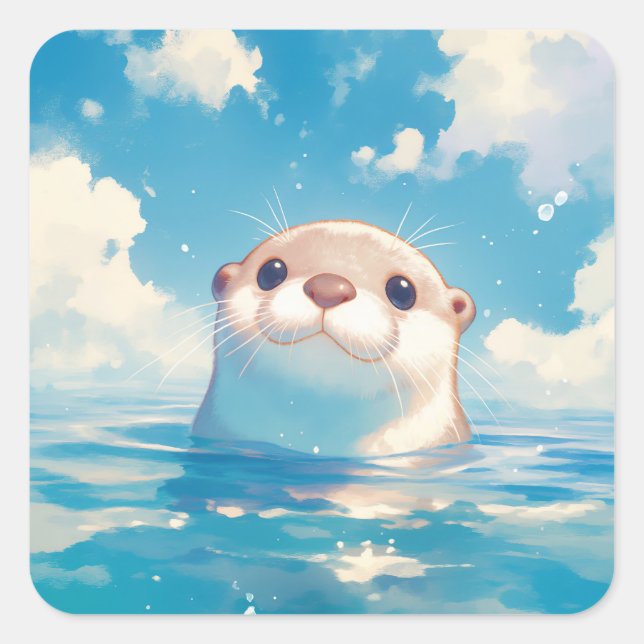 A Cute Otter's Watery World Square Sticker (Front)