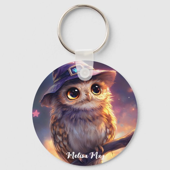 A Cute Owl Wearing a Witch Hat  Keychain (Front)