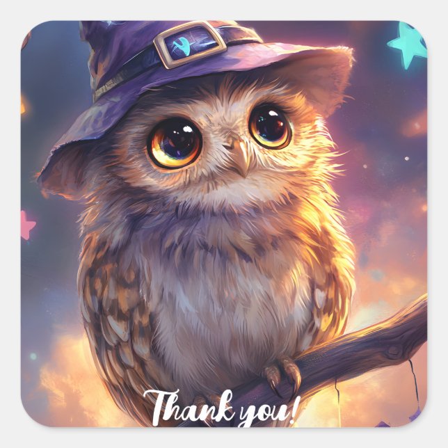 A Cute Owl Wearing a Witch Hat  Square Sticker (Front)