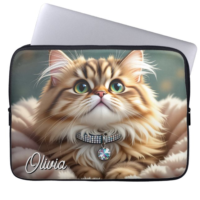 A Cute Personalized Fluffy Tabby Cat Laptop Sleeve (Front)