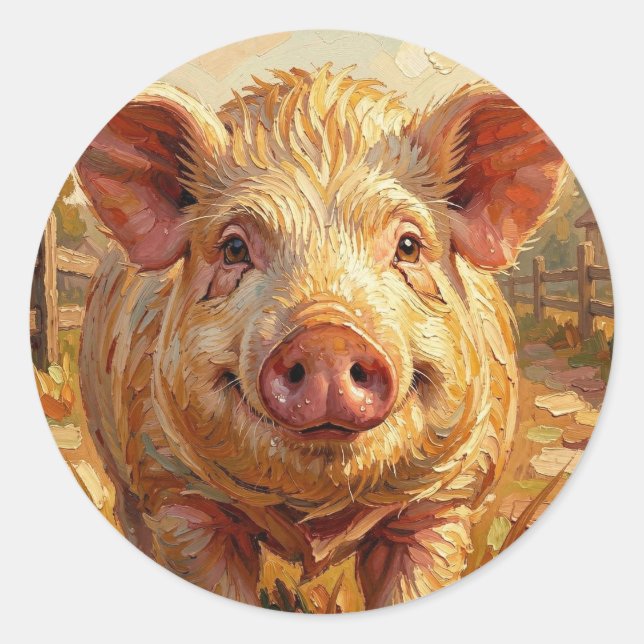 A cute Pig on a Muddy Farm Classic Round Sticker (Front)