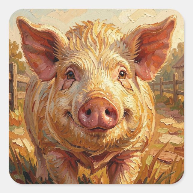 A cute Pig on a Muddy Farm Square Sticker (Front)