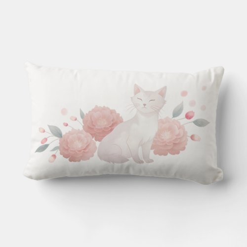 A cute pillow with a cat and peonies print