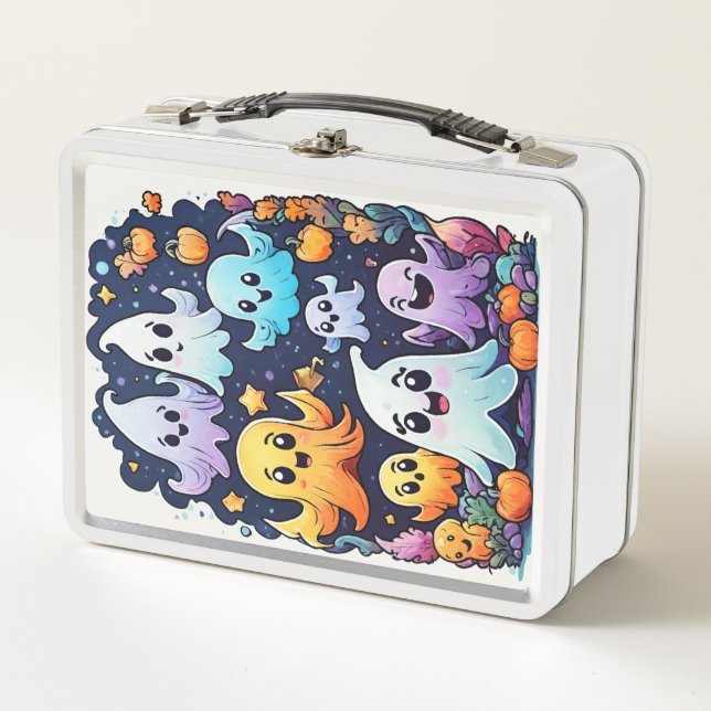 A cute playful cartoon ghost  metal lunch box (Front)