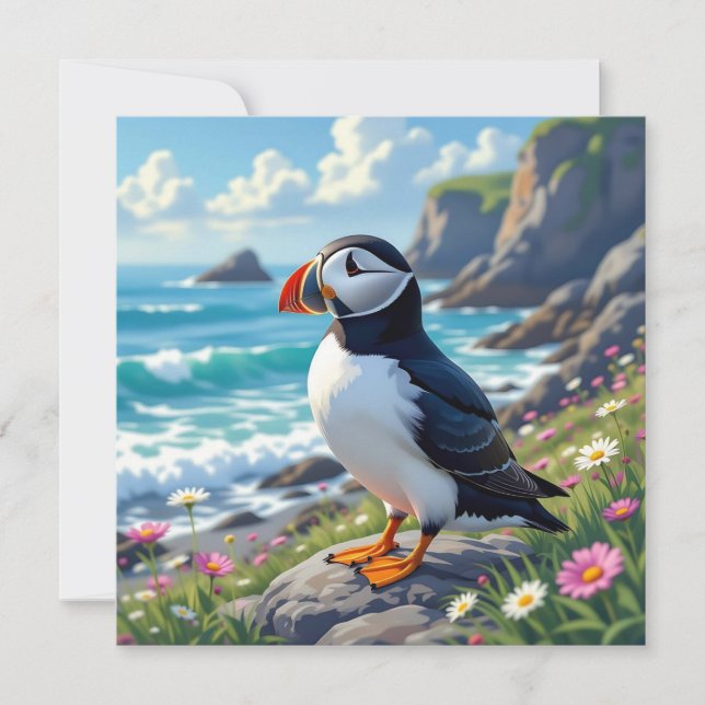 A Cute Puffin on the Sea Shore Blank Note Card (Front)