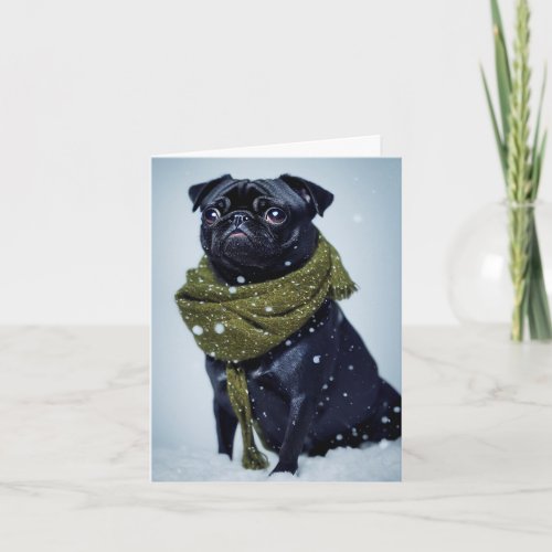 A Cute Pug Puppy in a Green Winter Scarf Card