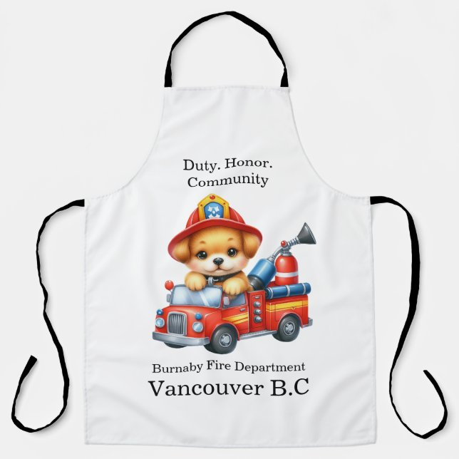 A cute puppy firefighter drives a miniature truck apron (Front)