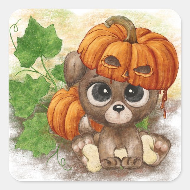 A cute puppy in a pumpkin hat  square sticker (Front)