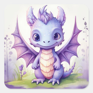 A cute purple baby dragon in watercolor art style square sticker