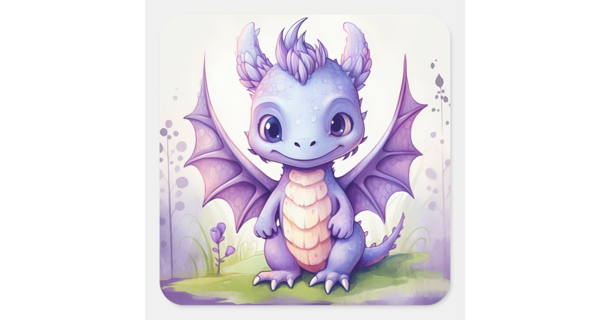 A cute purple baby dragon in watercolor art style square sticker | Zazzle
