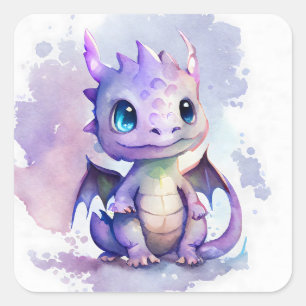 A cute purple baby dragon in watercolor art style square sticker