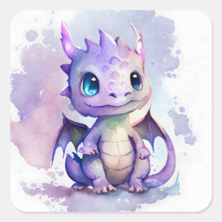 A cute purple baby dragon in watercolor art style square sticker