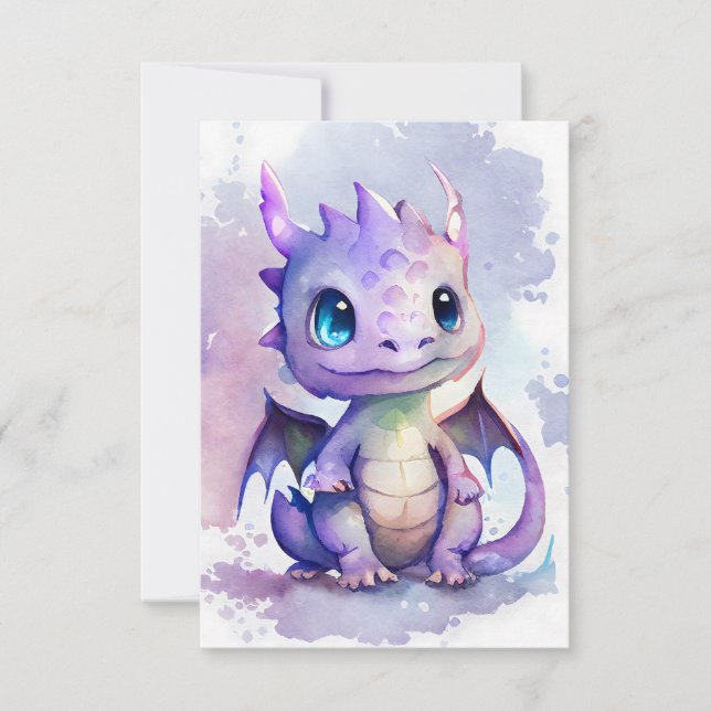 A cute purple baby dragon in watercolor art style thank you card (Front)