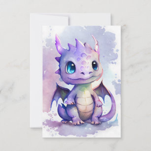 A cute purple baby dragon in watercolor art style thank you card
