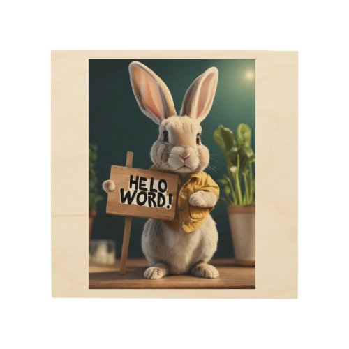 A cute rabbit holding a sign that says _hello worl