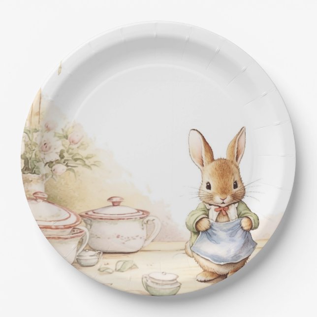A cute rabbit in the kitchen with dishes paper plates (Front)