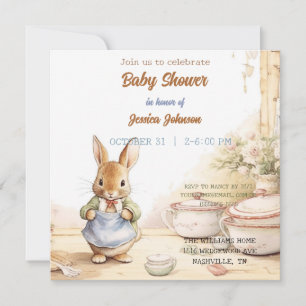 A cute rabbit in the kitchen with dishes save the date