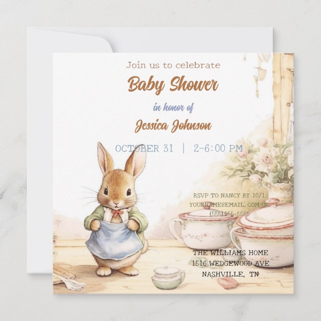 A cute rabbit in the kitchen with dishes save the date (Front)