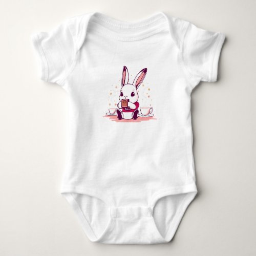 A cute rabbit sipping hot chocolate baby bodysuit