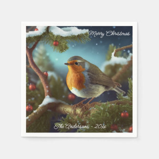 A cute Robin on a Christmas Tree Paper Plates Napkins