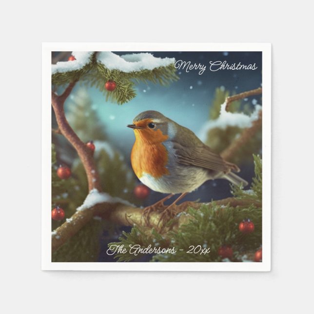 A cute Robin on a Christmas Tree Paper Plates Napkins (Front)