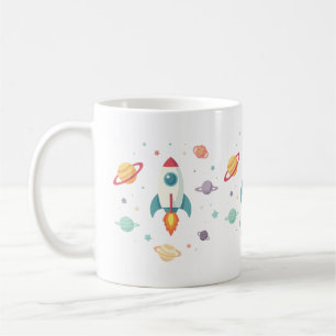 a cute rocket ship soaring through a whimsical spa coffee mug