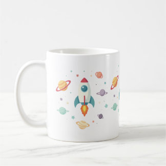 a cute rocket ship soaring through a whimsical spa coffee mug