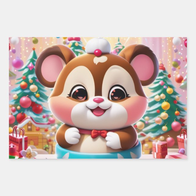 A cute, round character resembling a chipmunk  wrapping paper sheets (Front)