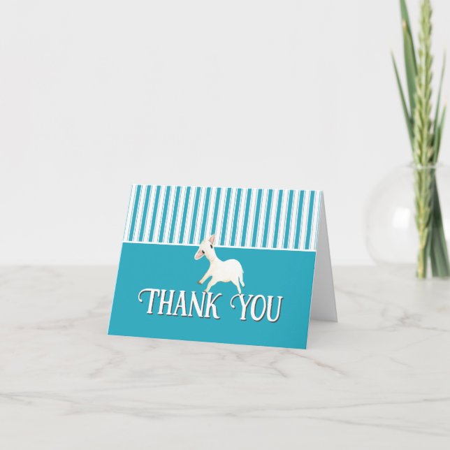  A cute sheep Aqua Blue Teal Striped Pattern  Thank You Card (Front)
