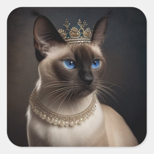 A cute Siamese cat with Pearl necklace and crown Square Sticker