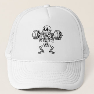 A cute skeleton working out trucker hat