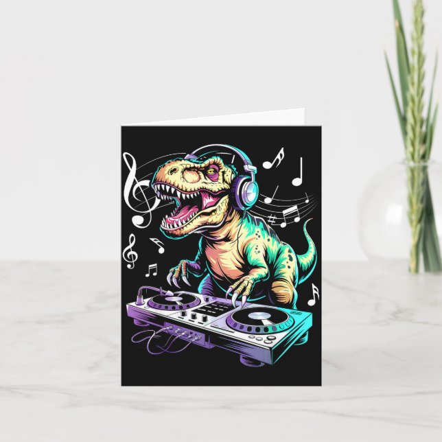 A Cute T-rex Playing Electronic Music Funny Dj Din Card (Front)
