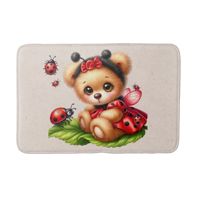 A Cute Teddy Bear Dressed Like a Ladybug Bath Mat (Front)