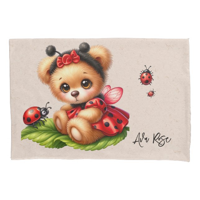 A Cute Teddy Bear Dressed Like a Ladybug Custom Pillow Case (Front)