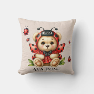 A Cute Teddy Bear Dressed Like a Ladybug Throw Pillow